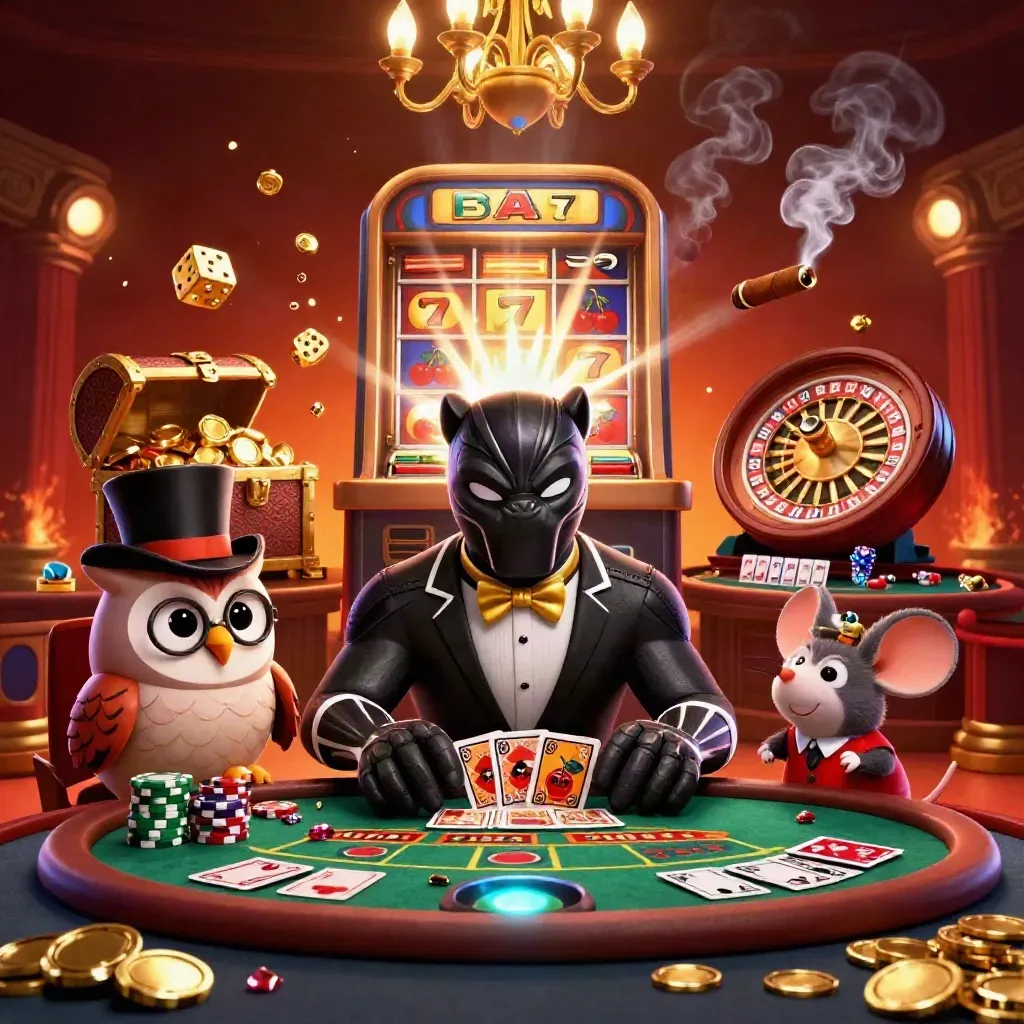 Panther, owl, and mouse in a luxe casino scene with slot bursts, gold, and smoky chandelier light.