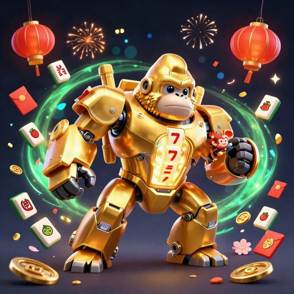 Golden gorilla mech with monkey pilot amid lanterns, jade coins, fireworks and glowing casino magic