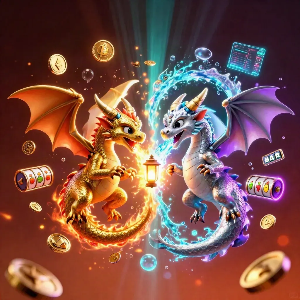 Twin gold and silver dragons spiral with fire and ice around a tiny lantern spirit, coins and sparks flying.