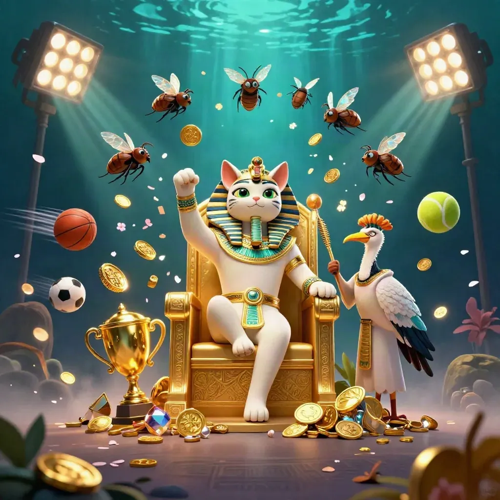 Pharaoh cat, ibis scribe, and gem-winged scarabs amid treasure, sports balls, and neon gold glow.