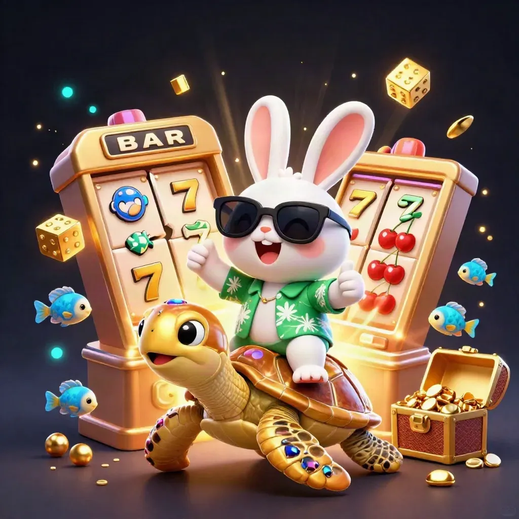 Lucky rabbit on a golden sea turtle amid casino treasure, dice, and glowing slot bursts.