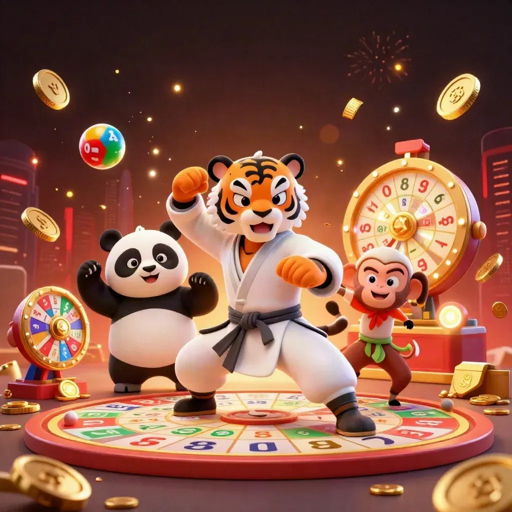 Tiger, panda, and monkey casino heroes amid coins, roulette wheel, fireworks, and vault gold.