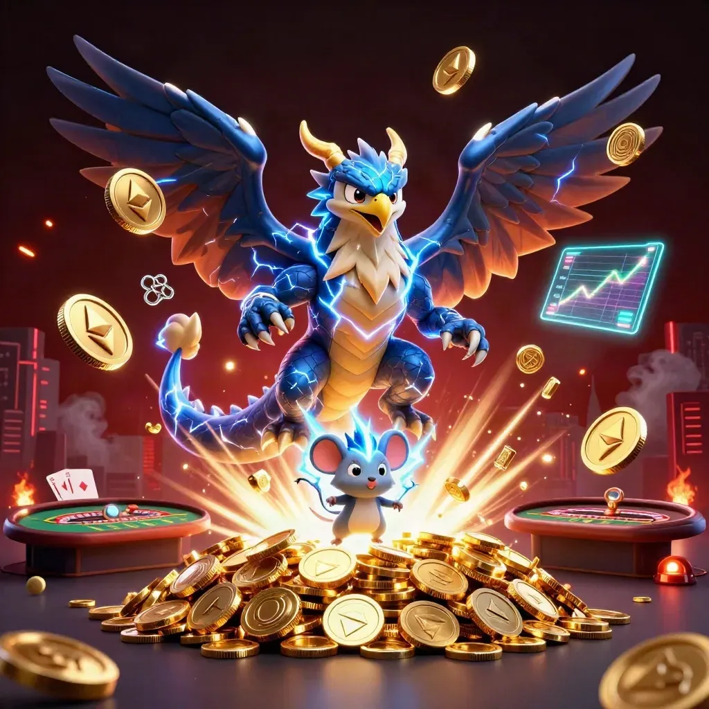 Dragon, hawk, and thunder-mouse amid casino explosions, coins, and neon lights.