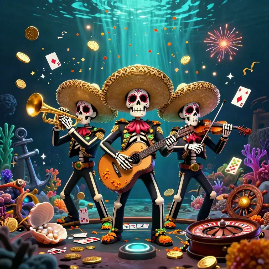 Three skeleton mariachi musicians in an underwater treasure burst with coins, coral, roulette, and fireworks.
