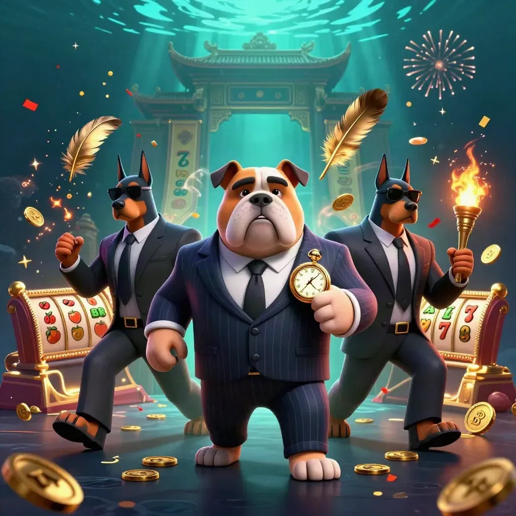Cartoon bulldog boss with two Dobermans amid casino symbols, gold sparks, and underwater light beams.