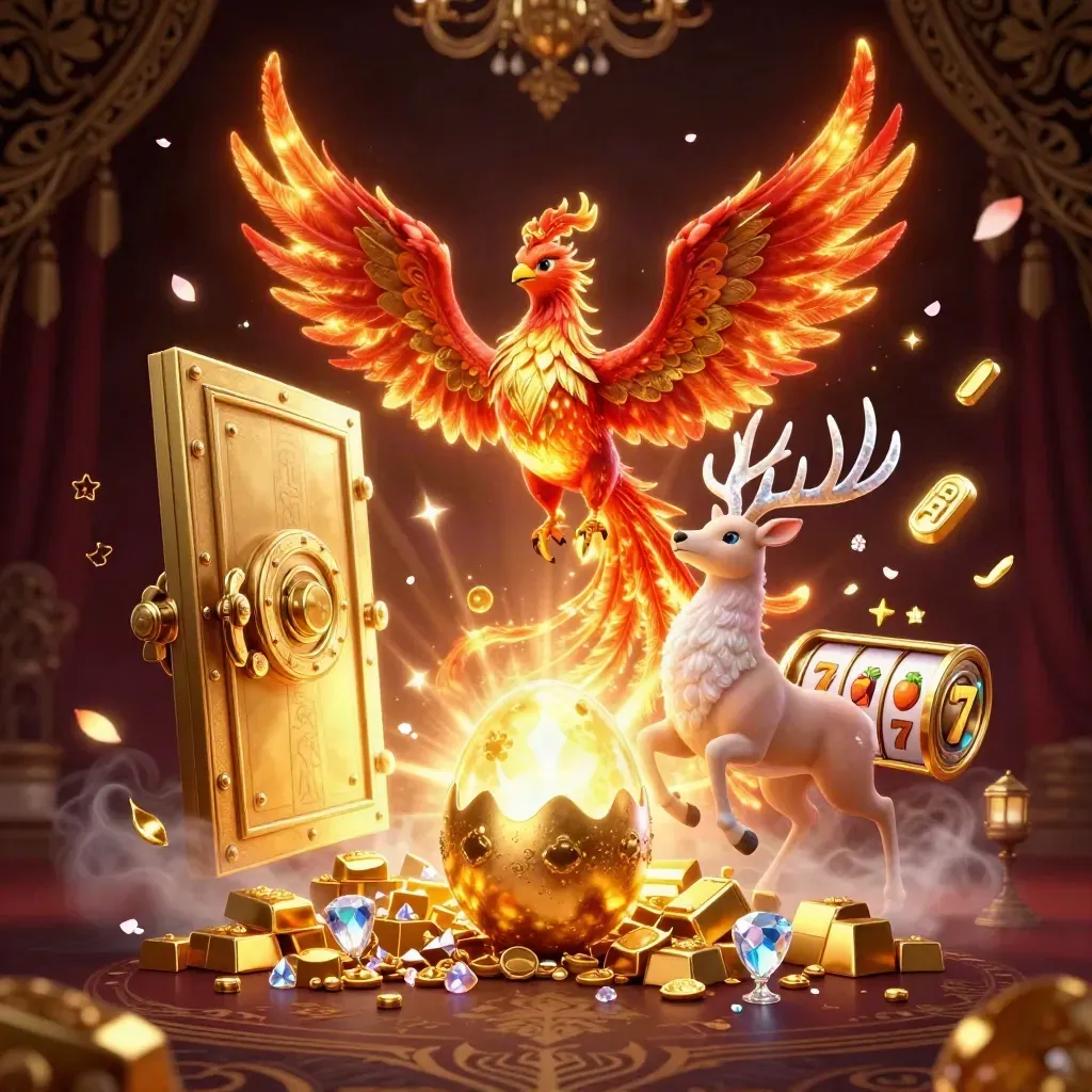 Phoenix, hatchling, and crystal stag erupt from a vault amid gold, reels, and glowing petals.